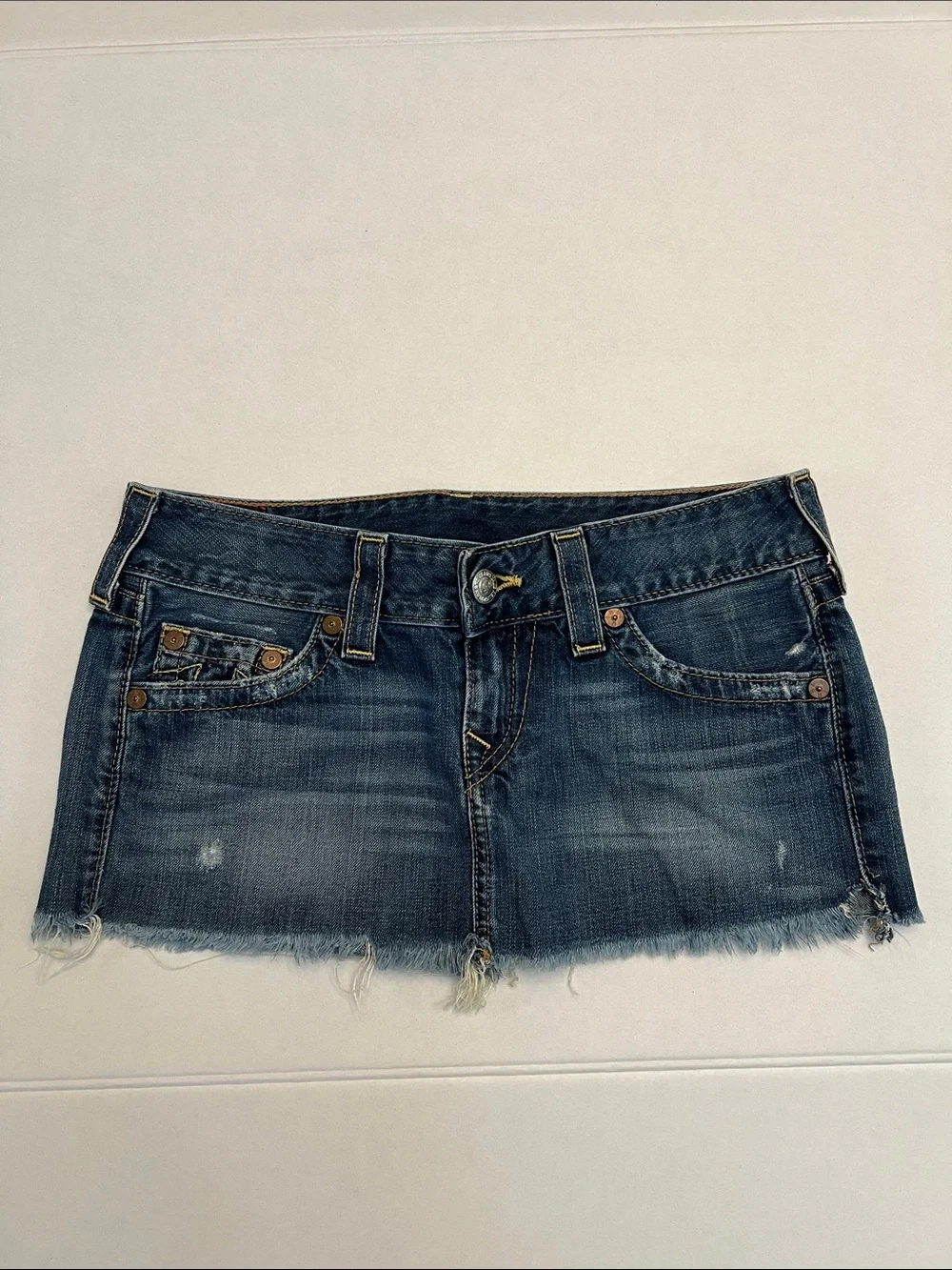 TRUE RELIGION Y2K MICRO MINI 10” MANDY MADE IN USA VTG FRAYED RAW HEM LOW RISE